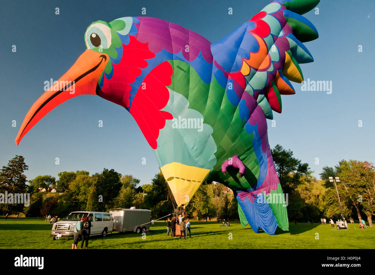 Hummingbird-shaped hot air balloon launching at the 'Spirit of Boise Balloon Classic 2016' in Boise Idaho, September 2016 Stock Photo