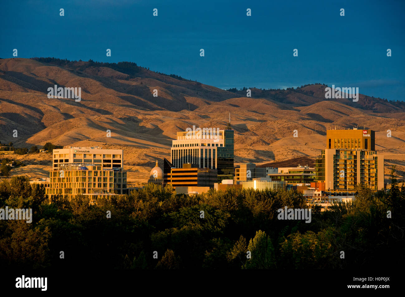 Boise Idaho skyline against foothills at sunset on Sept 2, 2016 Stock Photo