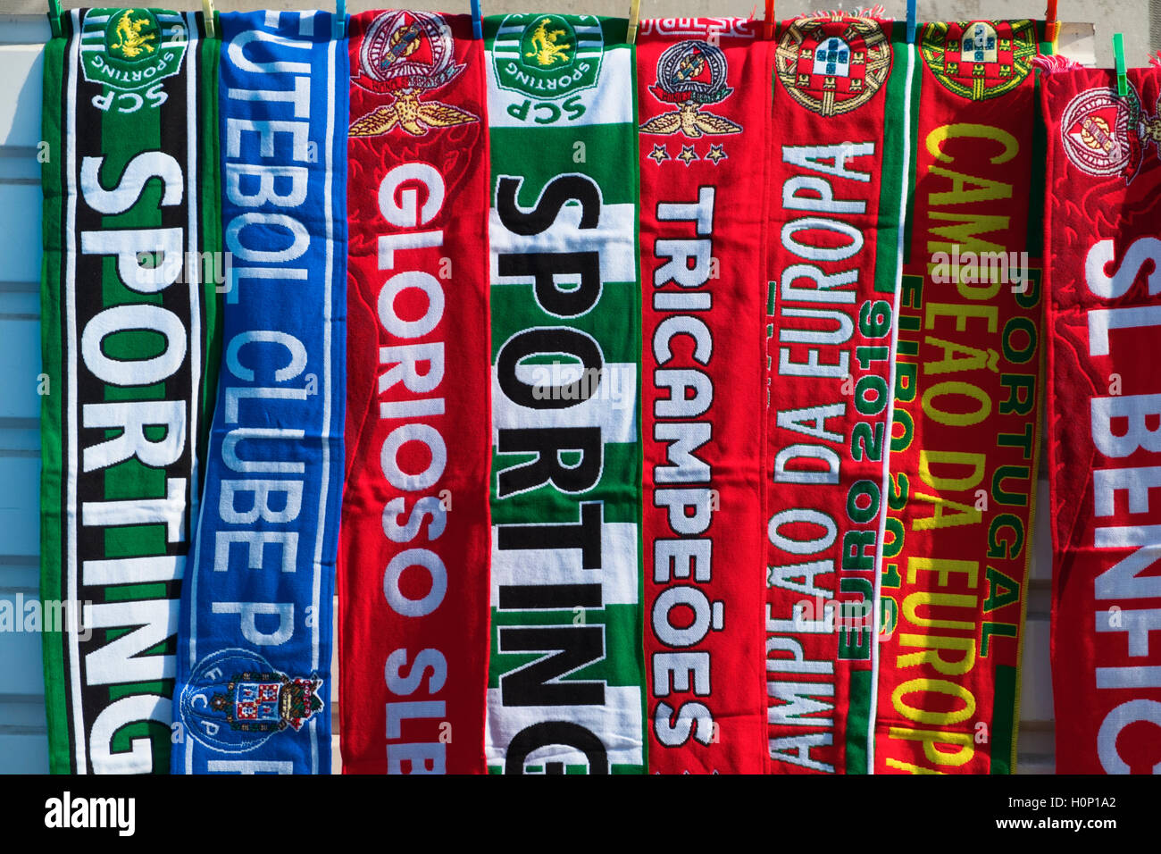 Football scarves Feira da Ladra Thieves' Market Campo de Santa Clara Lisbon Portugal Stock Photo