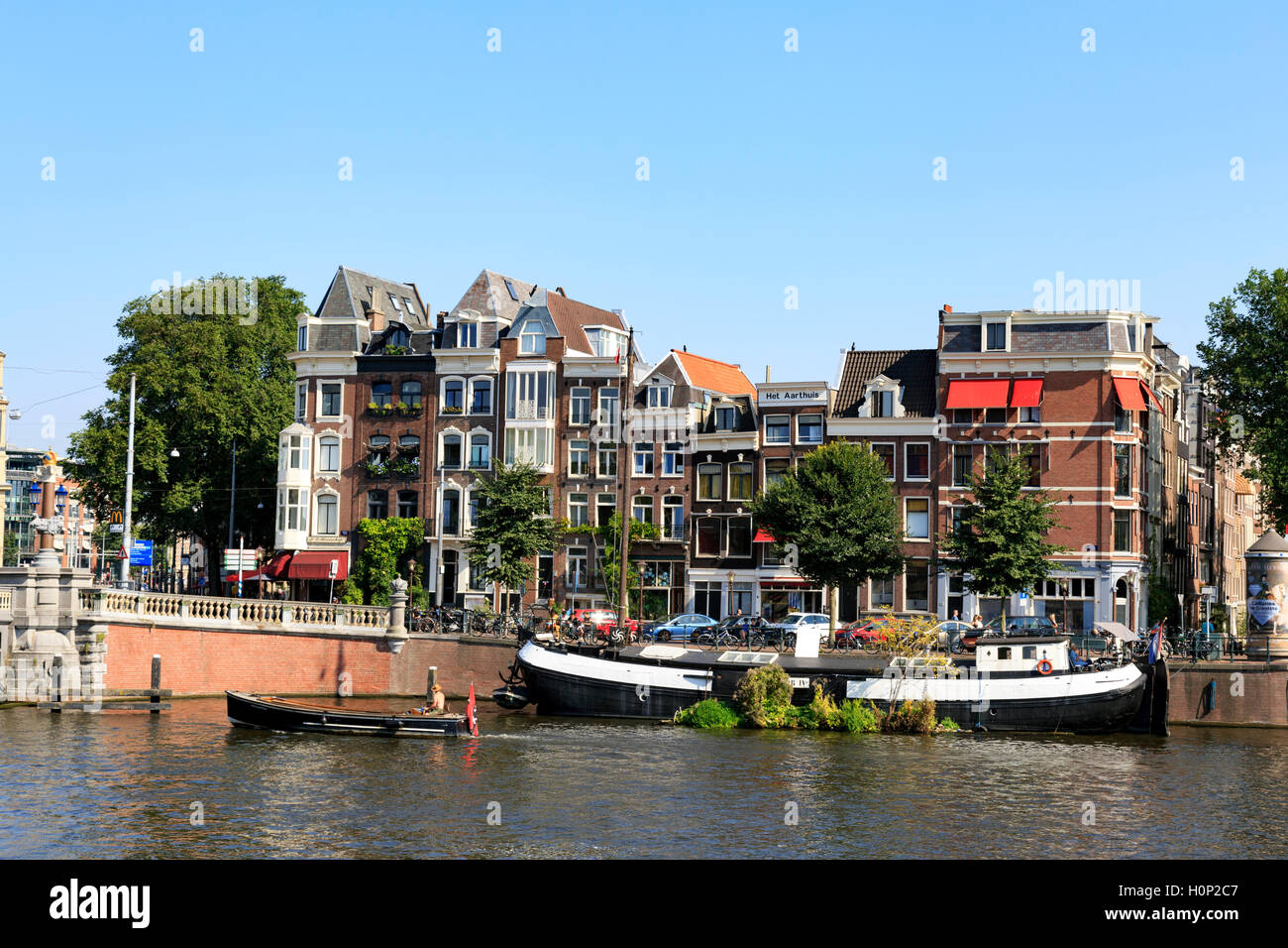 General view of houseboats alongside the canal in Amsterdam Stock Photo