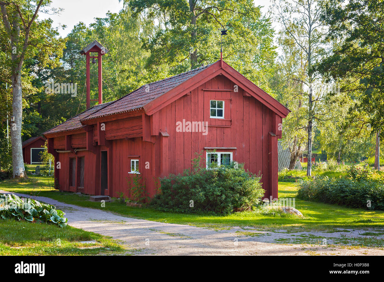 Image of traditional red farmhouse in Smaland, Sweden. Stock Photo