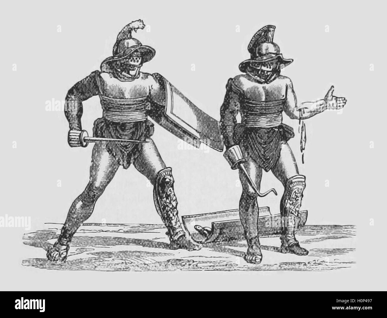 Two Roman Gladiators  A gladiator was an armed combatant who entertained audiences in the Roman Republic and Roman Empire in violent confrontations with other gladiators. Seen here in an illustration from a picture outside the colosseum in Pompeii.  Image sourced from Cassell's Illustrated Universal History (1893). Stock Photo