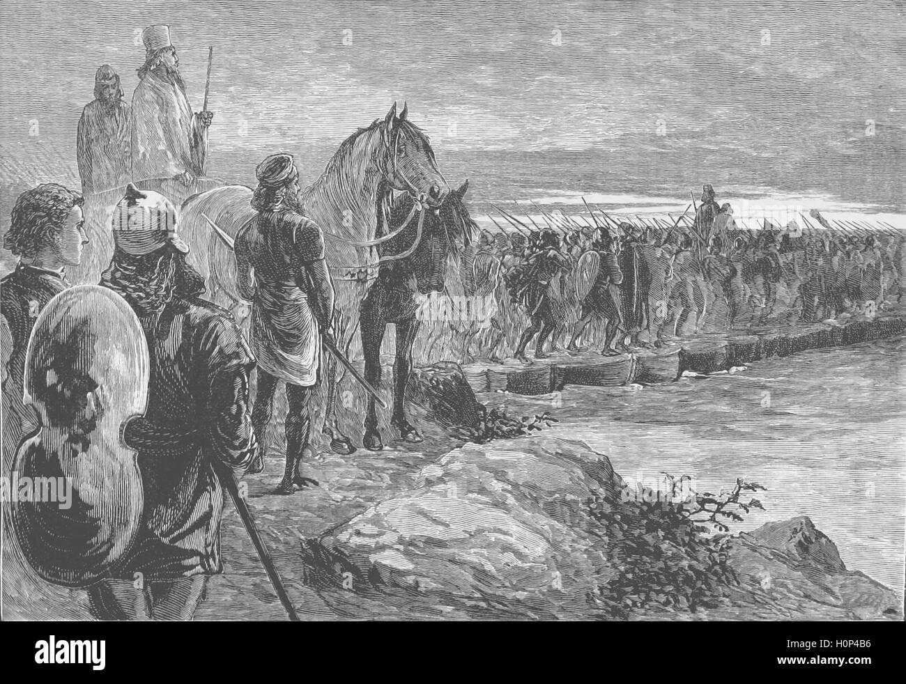 King Xerxes crossing the Hellespont on pontoon bridges circa 480 BC.  Xerxes' Pontoon Bridges were constructed in 480 BC during the second Persian invasion of Greece upon the order of Xerxes I of Persia for the purpose of Xerxes’ army to traverse the Hellespont (the preset day Dardanelles) from Asia into Thrace, then also controlled by Persia,  Image sourced from Cassell's Illustrated Universal History (1893). Stock Photo