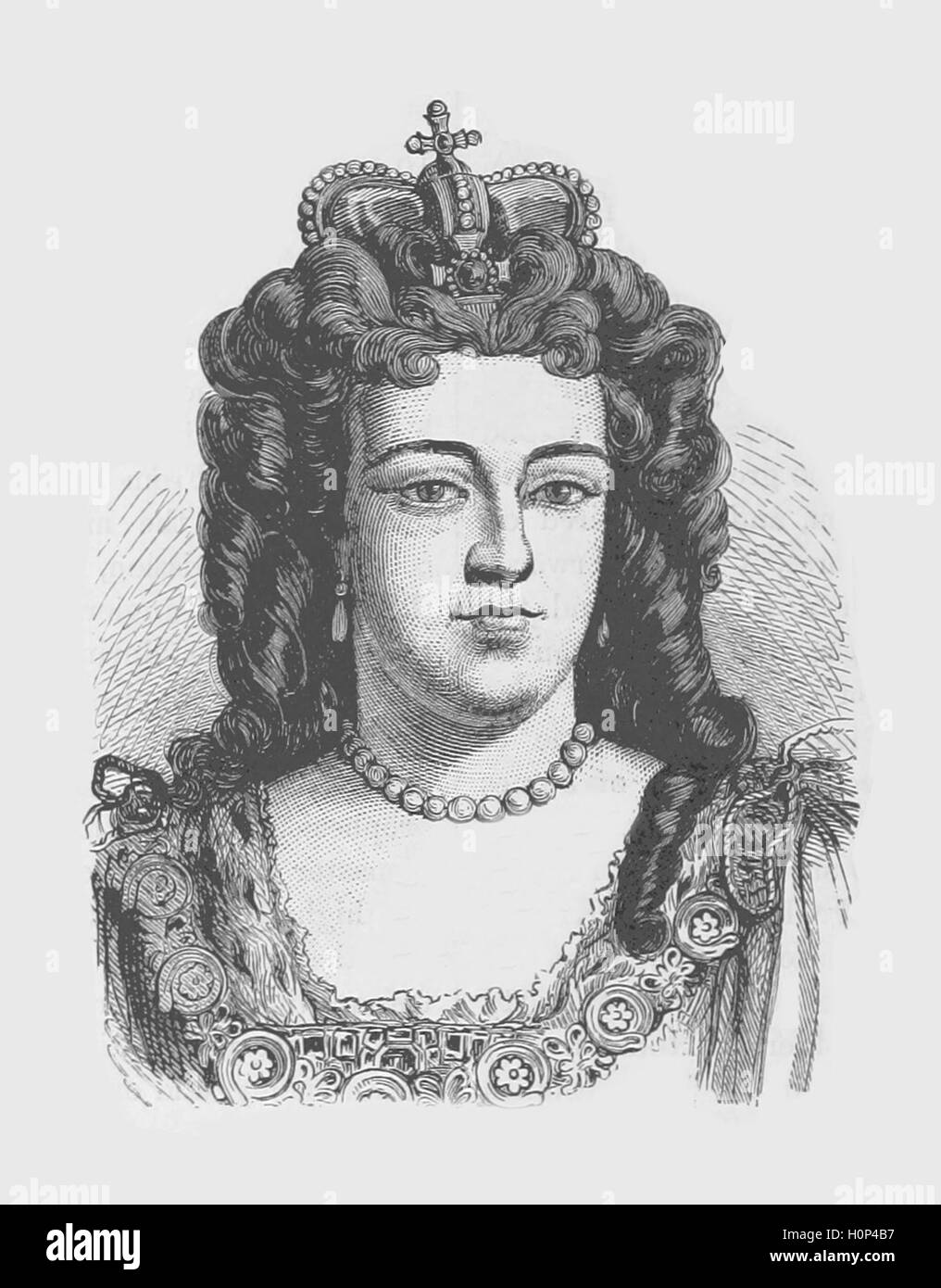 Queen Anne of England Scotland and Ireland.  Queen Anne became Queen of England, Scotland and Ireland on 8 March 1702. On 1 May 1707, under the Acts of Union, two of her realms, the kingdoms of England and Scotland, united as a single sovereign state known as Great Britain. She continued to reign as Queen of Great Britain and Ireland until her death.  Image sourced from Cassell's Illustrated Universal History (1893). Stock Photo