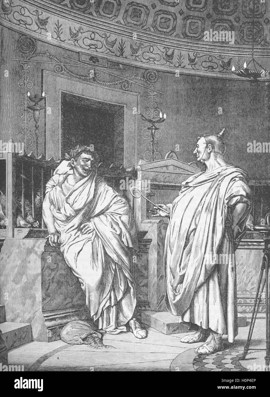 Two Roman Augurs.   The augur was a priest and official in the classical Roman world. His main role was the practice of augury, interpreting the will of the gods by studying the flight of birds: whether they are flying in groups or alone, what noises they make as they fly, direction of flight and what kind of birds they are.  Image sourced from Cassell's Illustrated Universal History (1893). Stock Photo