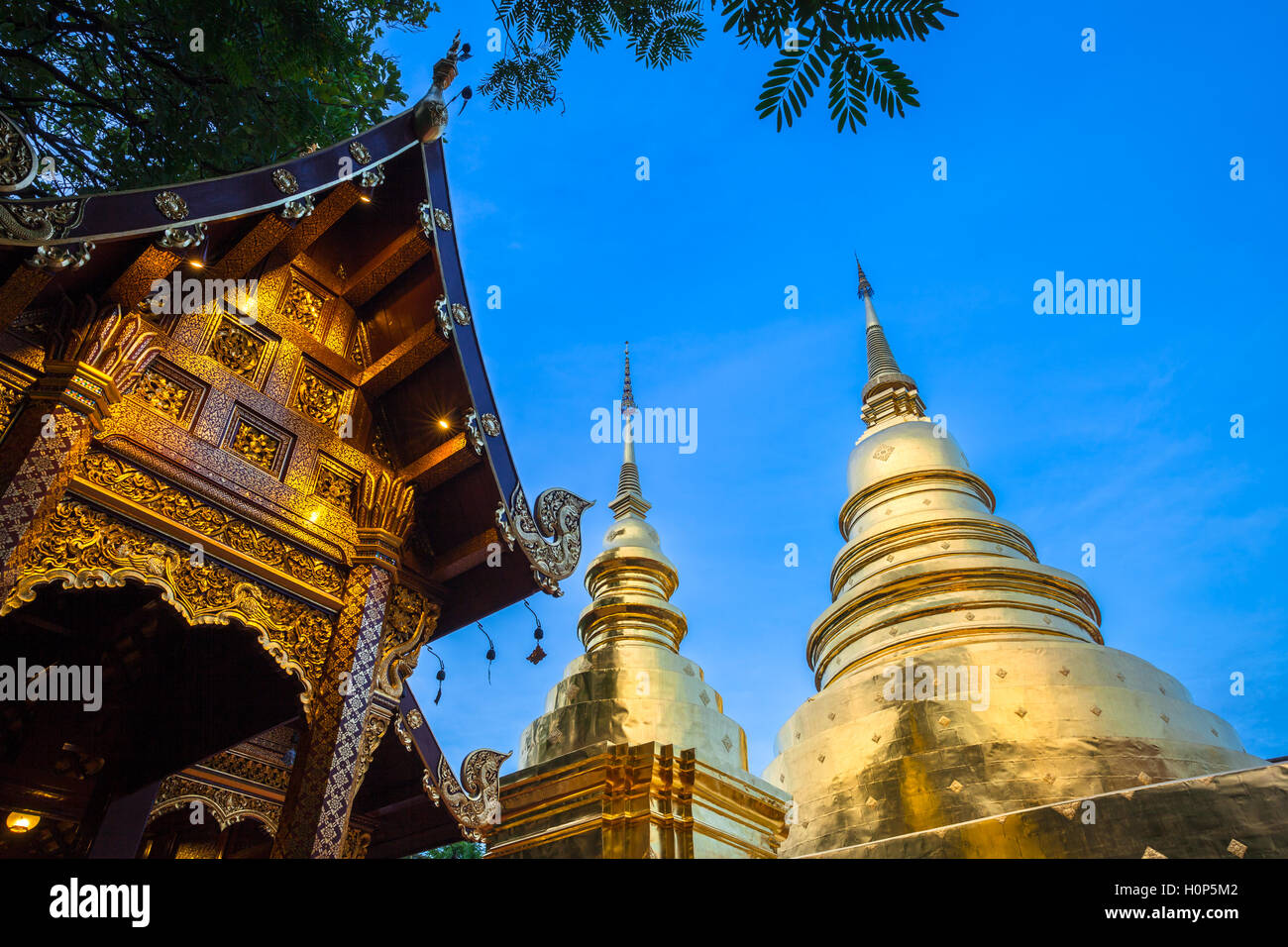Dusk View of the Wat Phra Singh temple, the most revered temple in Chiang Mai, Thailand. Stock Photo