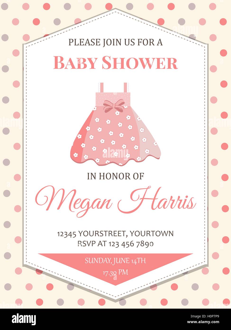 delicate baby girl shower card with little pink dress Stock Vector ...