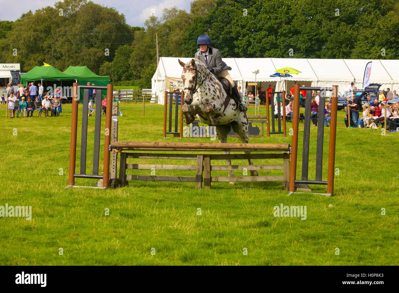 Girl riding a horse show jumping a fence. Bellingham Show and Country Festival, Bellingham, Northumberland, England, UK. Stock Photo