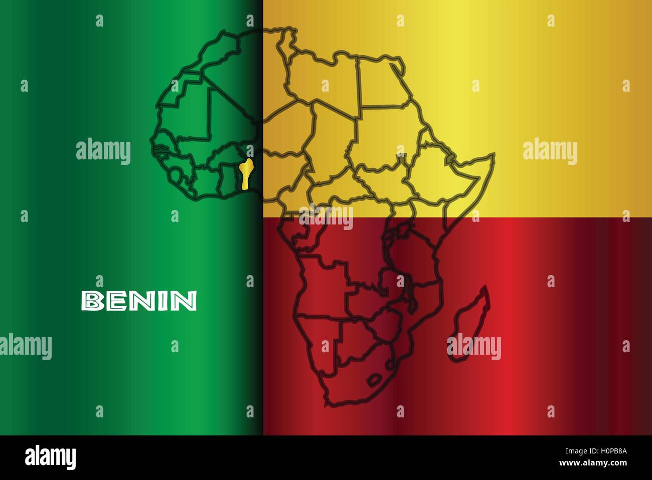 Benin outline inset into a map of Africa over a flag background Stock Vector