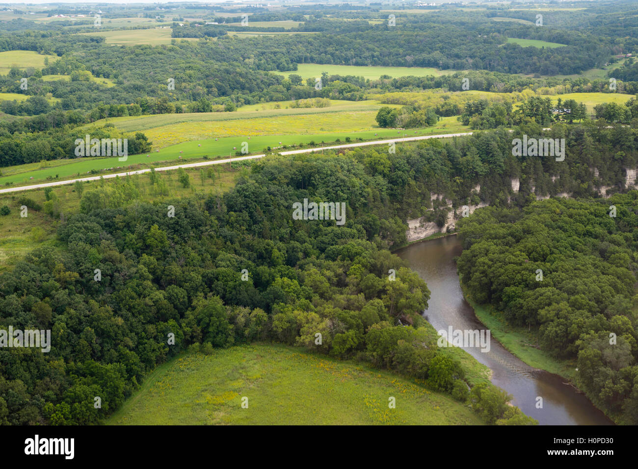 Aerial view of the Upper Iowa River bluffs in northeast Iowa on a