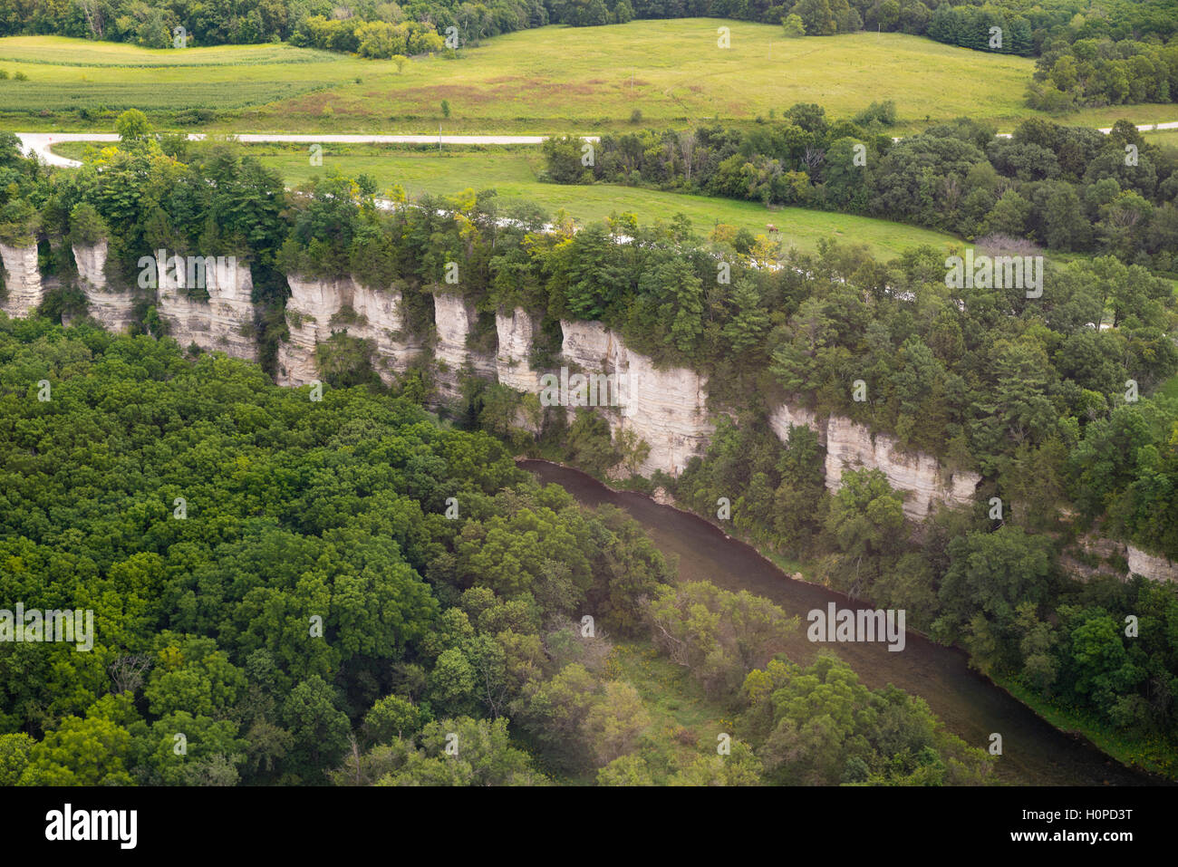 Aerial view of the Upper Iowa River bluffs in northeast Iowa on a