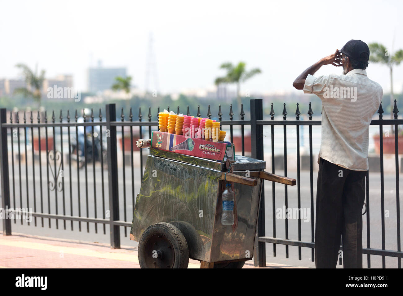 Icecream Vendor Looks At A Distance At Tankbund Road In Hyderabad Stock 