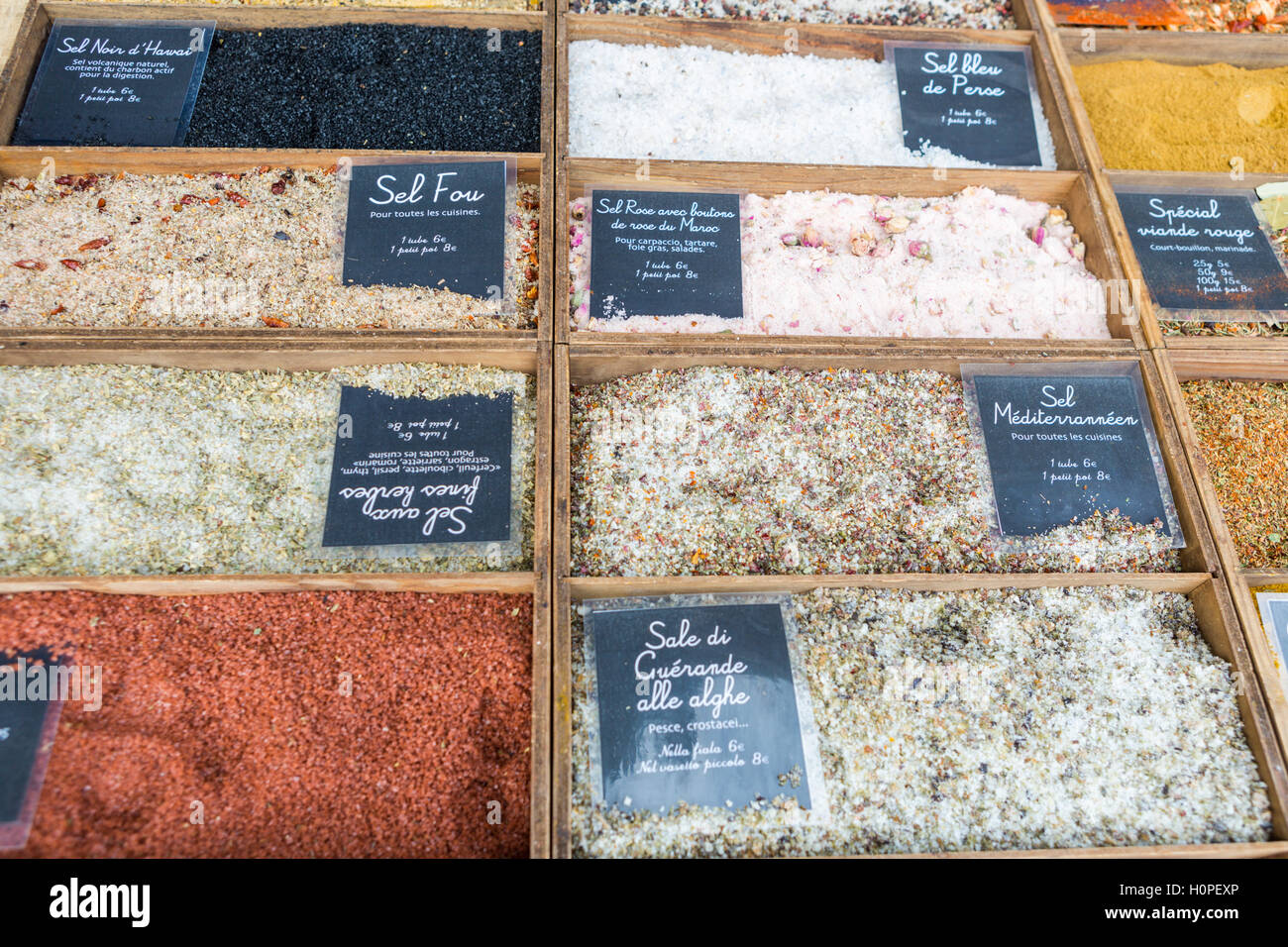 Multicolored salts for sale, Eze, Provence, Alpes-Maritimes, France Stock Photo