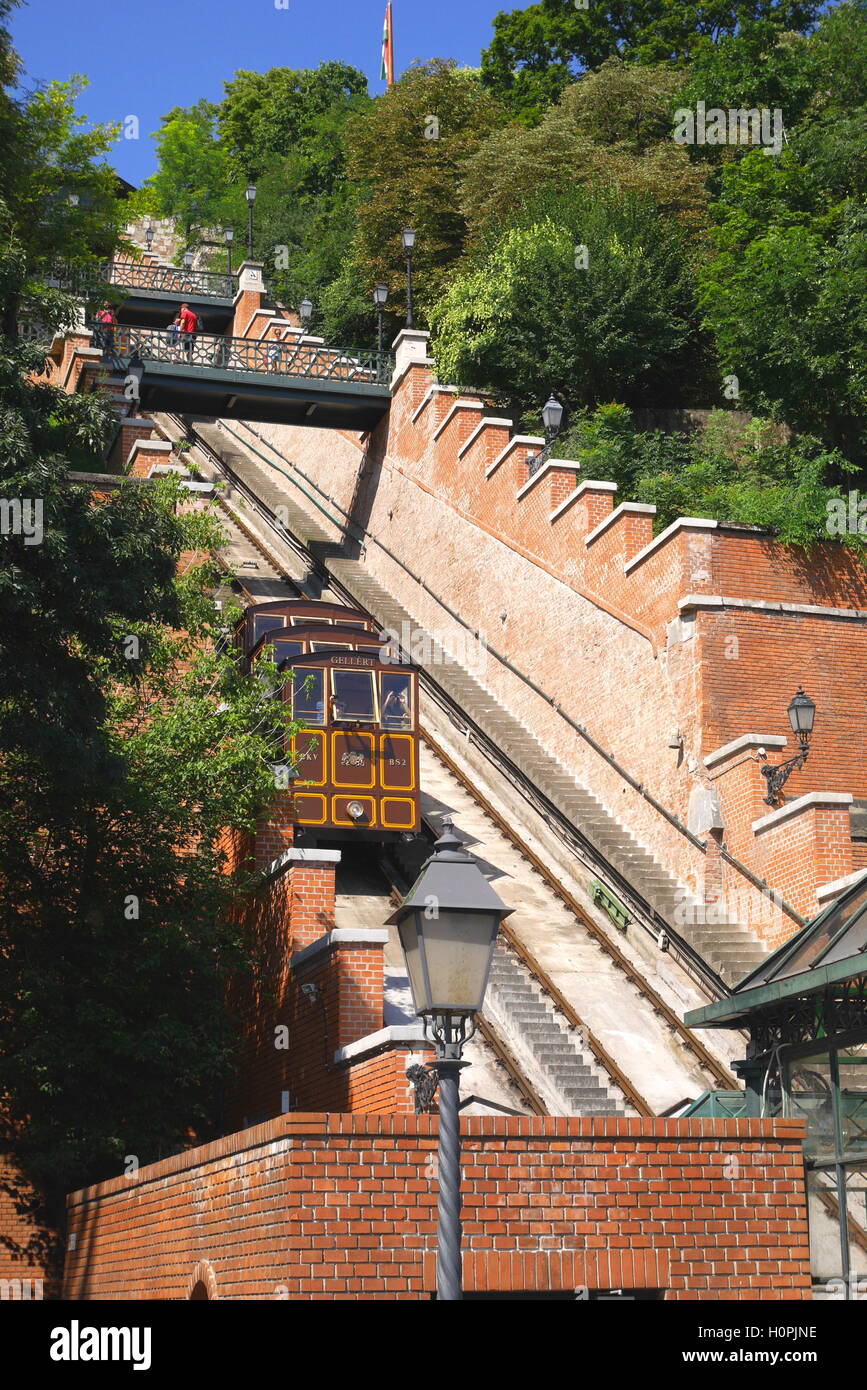 The Siklo funicular in Budapest that runs from the top of Castle Hill to the Lanchid Stock Photo