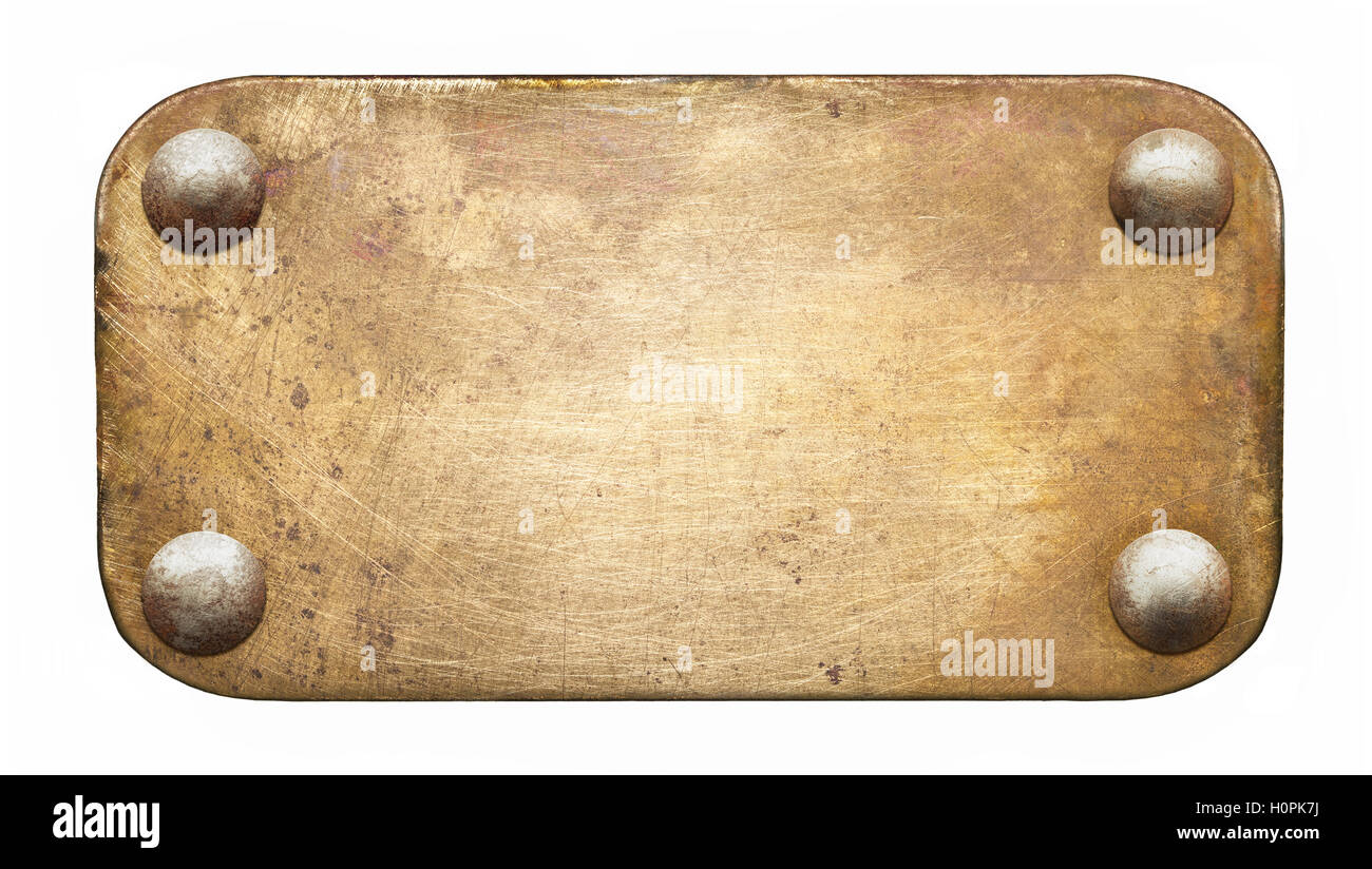 Brass plate texture. Old metal background with rivets. Stock Photo