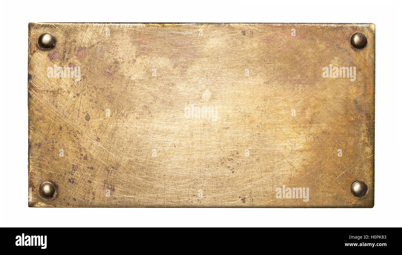 Brass plate texture. Old metal background with rivets. Stock Photo