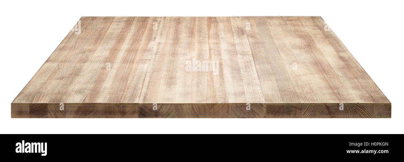 Rustic wooden table top on white background. Stock Photo