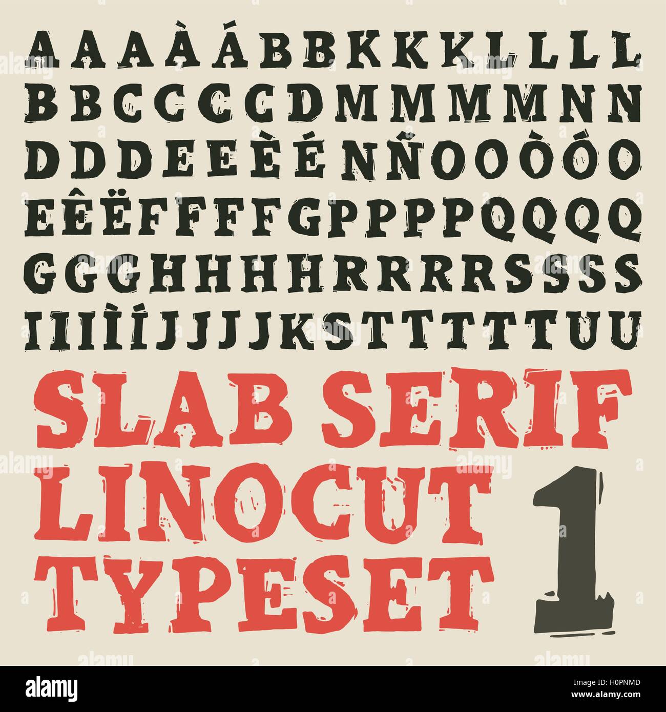 Home made slab serif lino-cut typeset Stock Vector