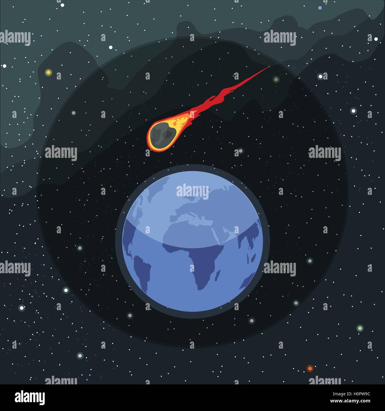 Digital vector planet earth icon with falling asteroid, over stelar ...