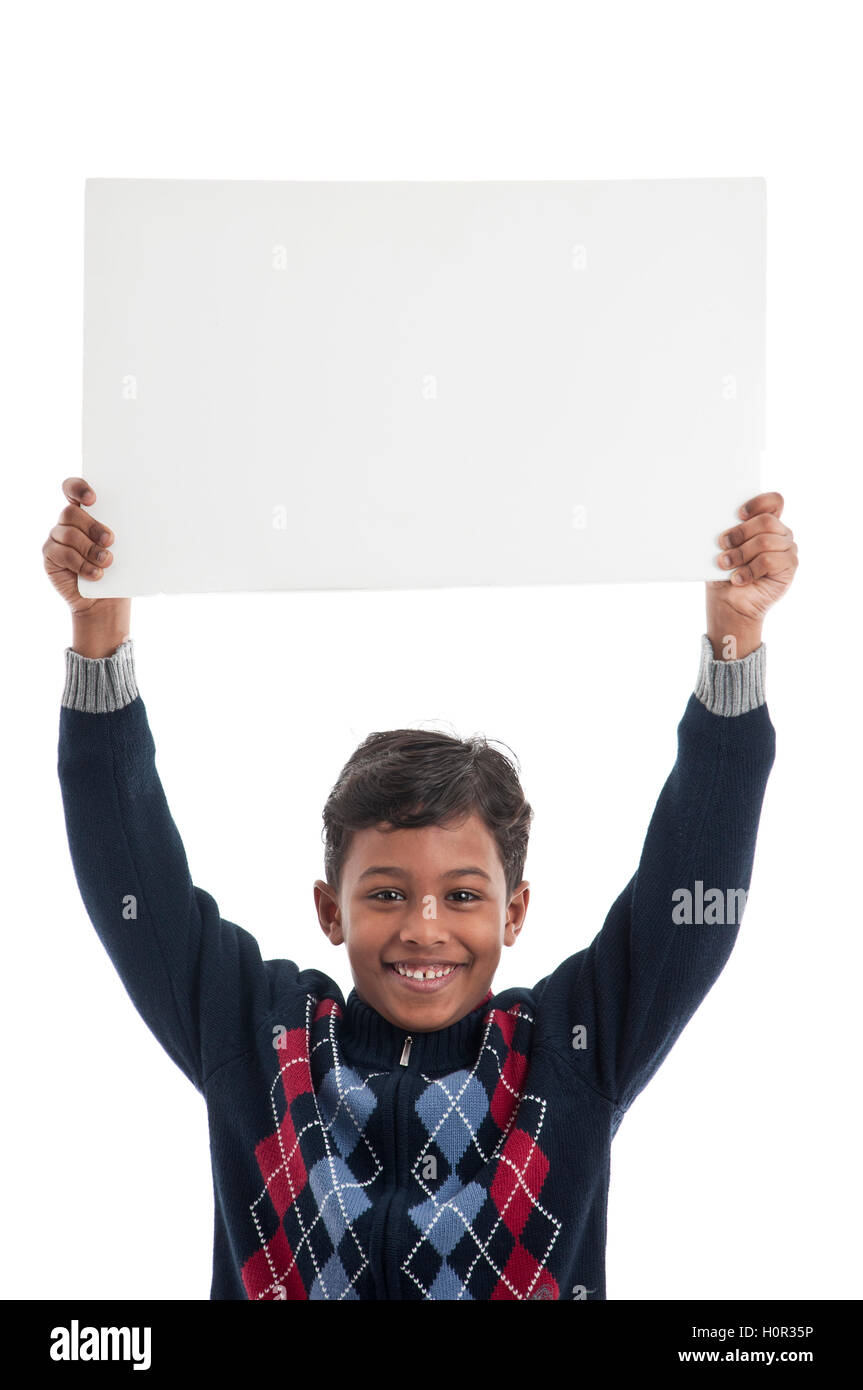 Happy Boy Holding Blank Board Isolated on White Background Stock Photo ...