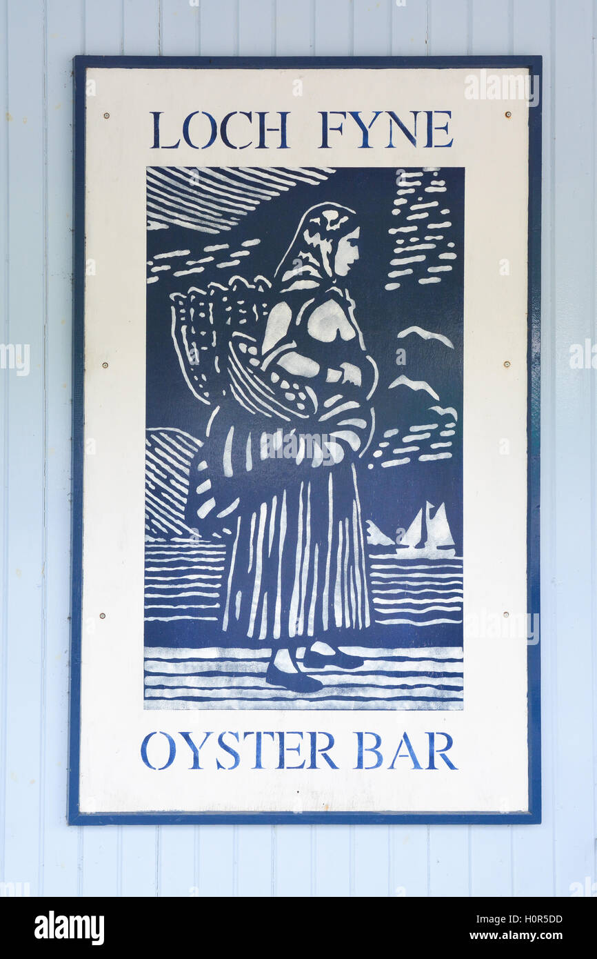 Loch Fyne Oyster Bar poster outside the restaurant and shop, Loch Fyne, Argyll and Bute, Scotland, UK Stock Photo