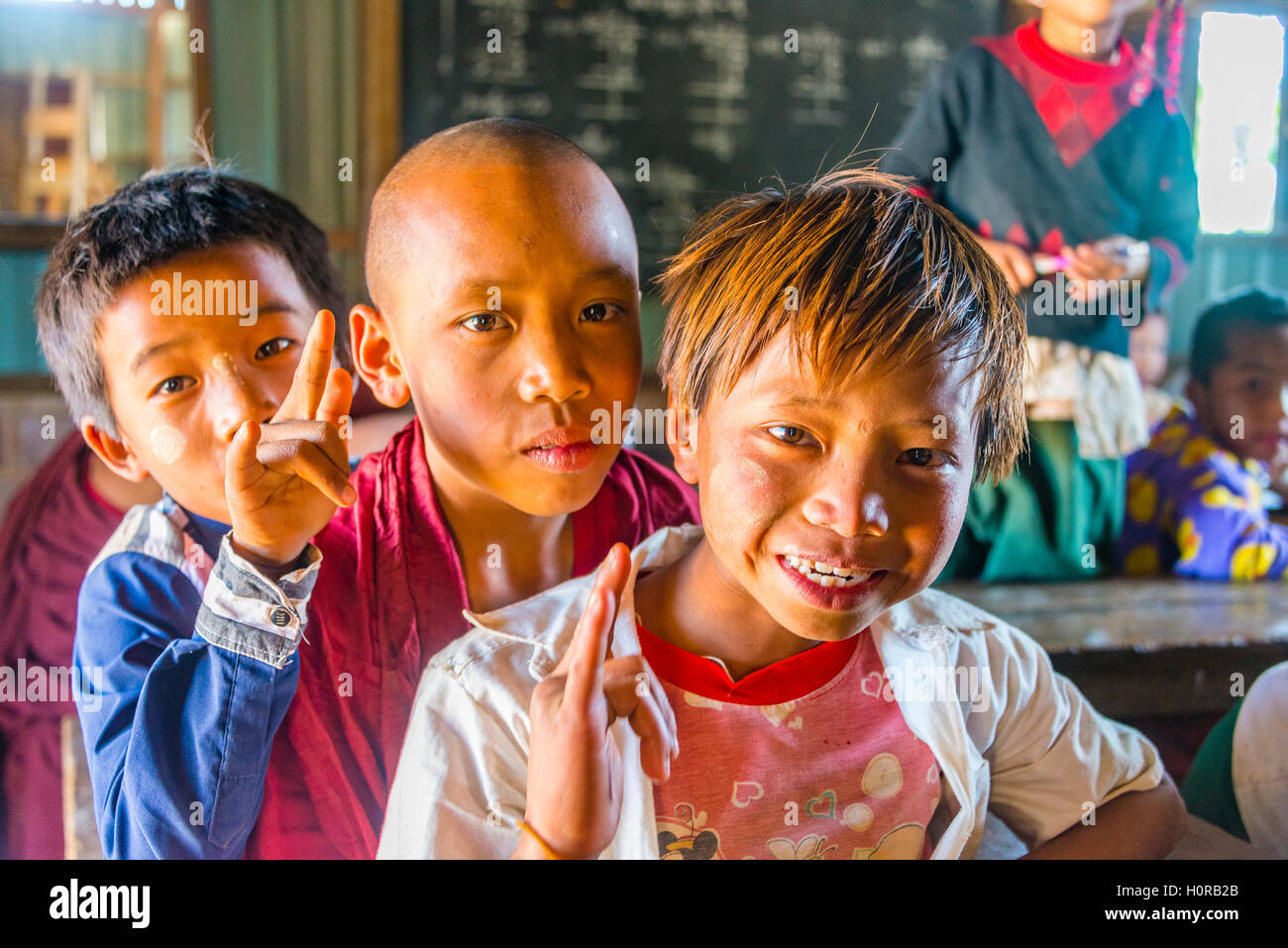School children at school, posing for camera, Shan State, Myanmar Stock Photo
