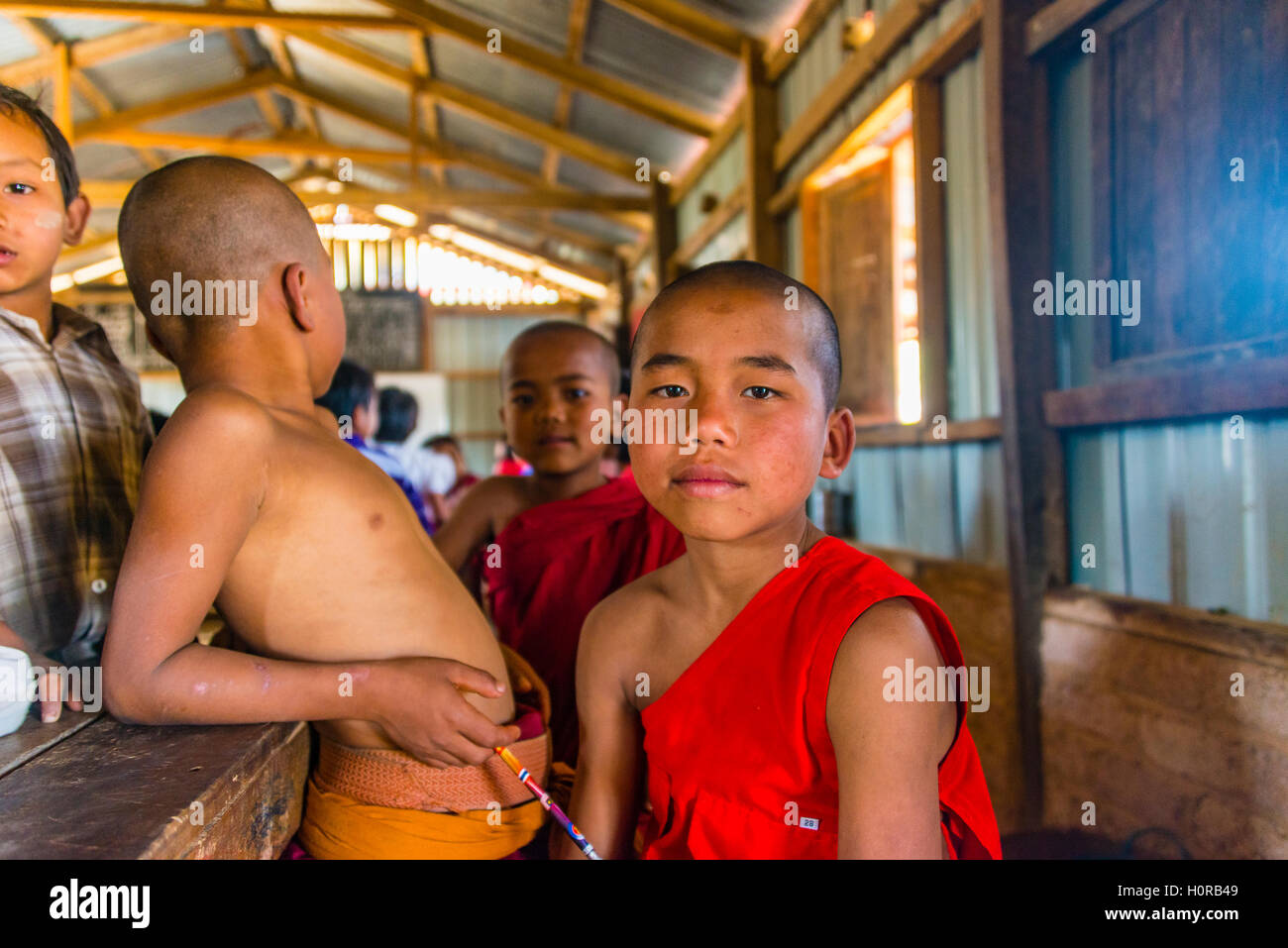 School children at school, posing for camera, Shan State, Myanmar Stock Photo