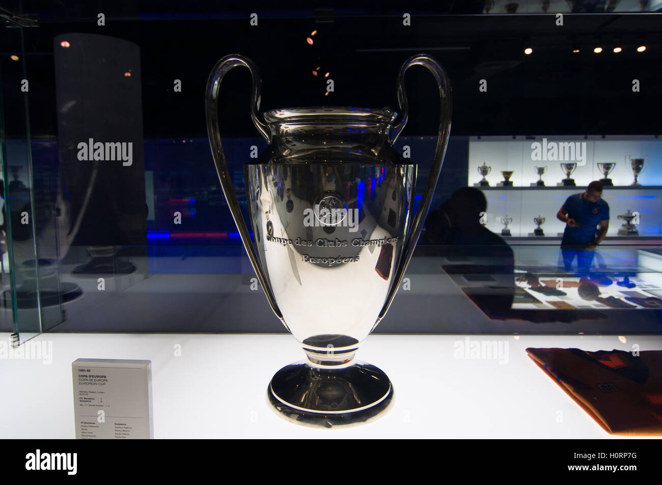 BARCELONA - SEPTEMBER 22, 2014: UEFA Champions League Cup in museum. UEFA Cup - trophy awarded annually by UEFA. Stock Photo