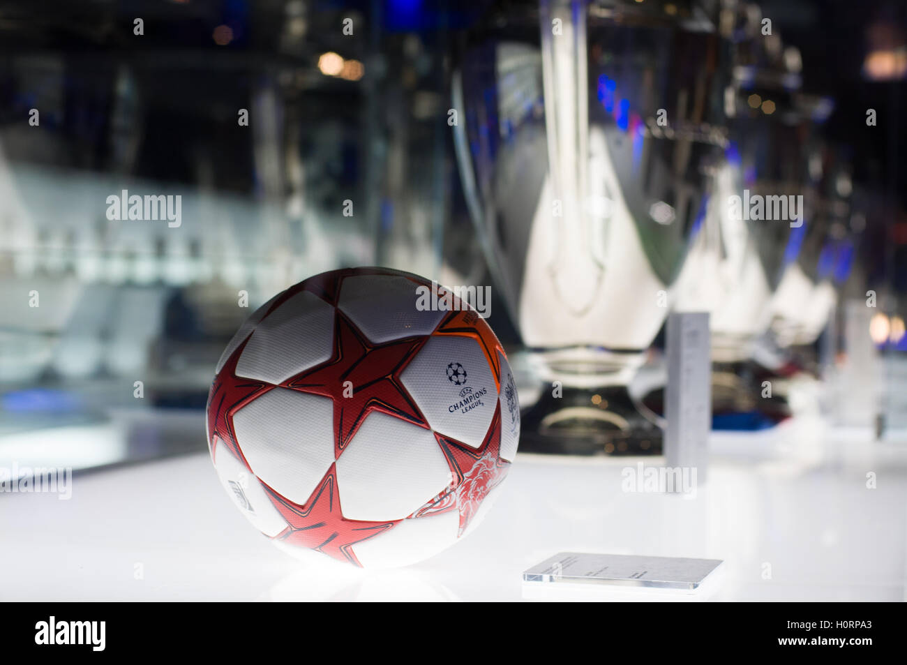 BARCELONA - SEPTEMBER 22, 2014: UEFA Champions League Ball in museum. UEFA Cup - trophy awarded annually by UEFA. Stock Photo
