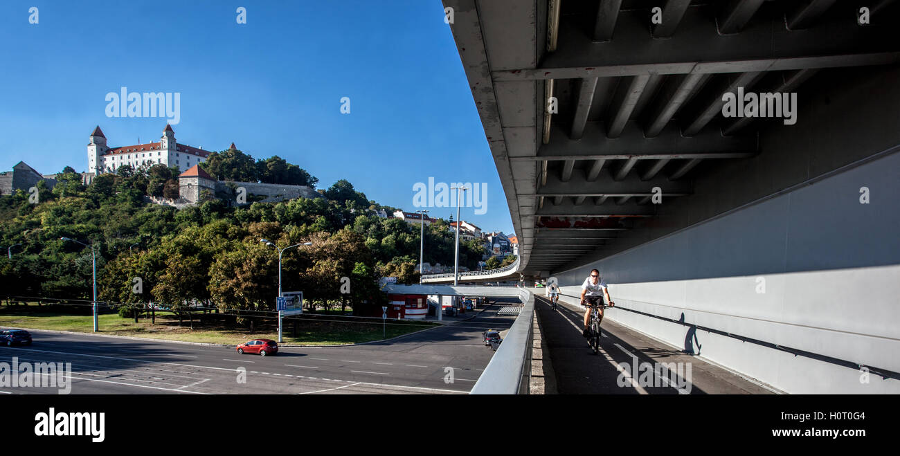 Skyline Bratislava castle and bridge built over the river Danube, Bratislava, Slovakia, Europe Stock Photo