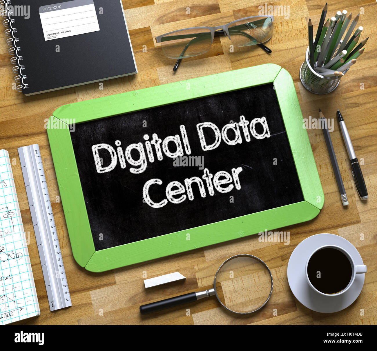 Small Chalkboard with Digital Data Center. 3D. Stock Photo