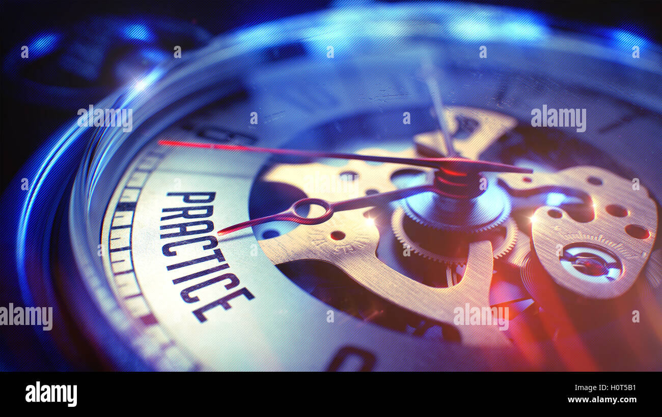 Practice - Phrase on Vintage Pocket Clock. 3D Render. Stock Photo