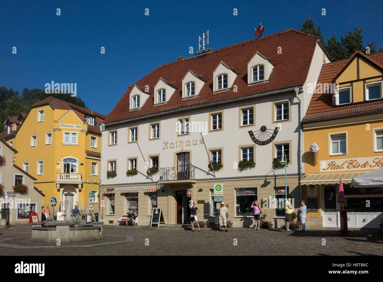Germany, Saxony, Stadt Wehlen, Rathaus & main square Stock Photo