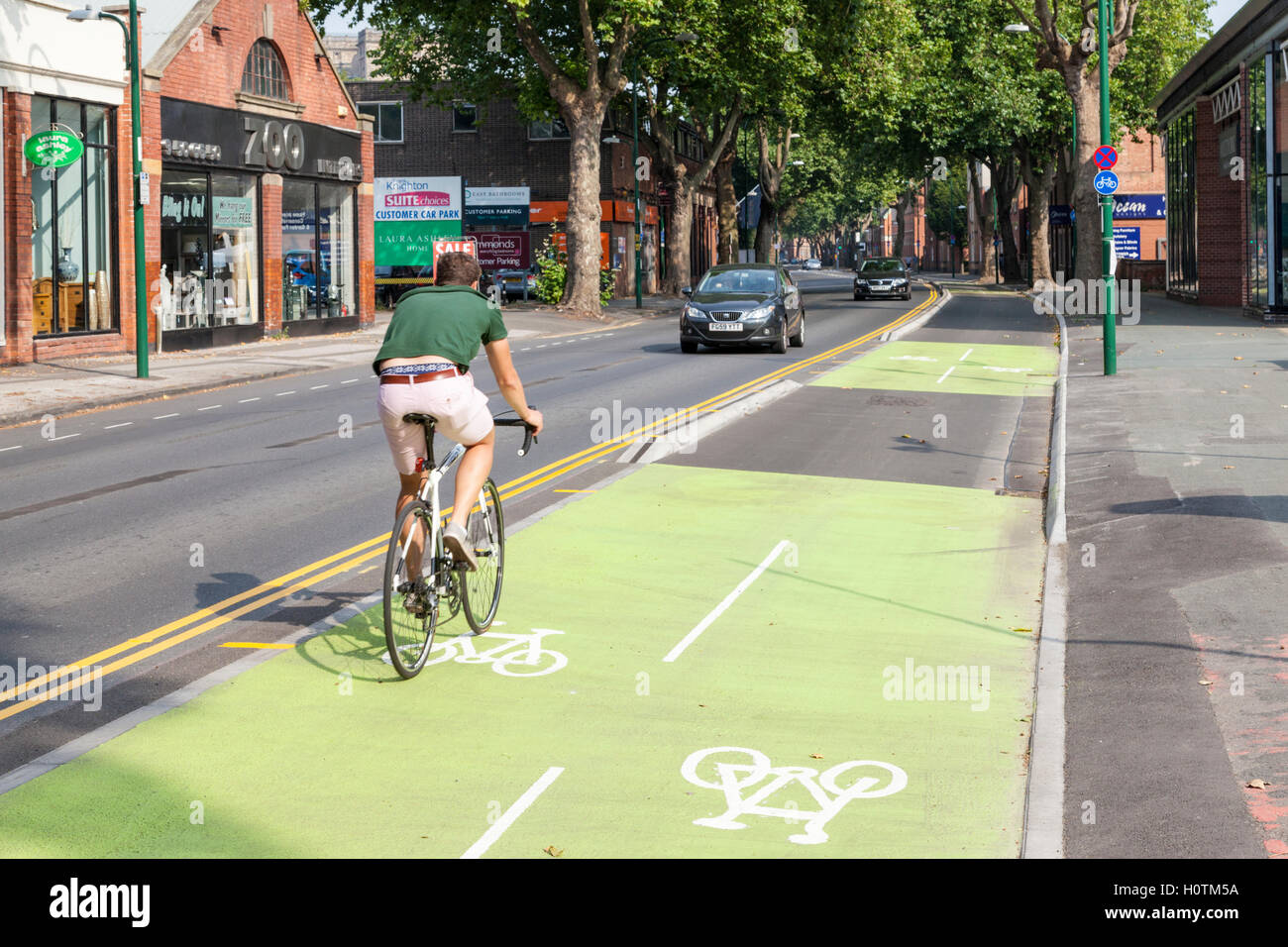 Cycle lane marked with two distinct lanes for cycling in to and out of the city, Nottingham, England, UK Stock Photo