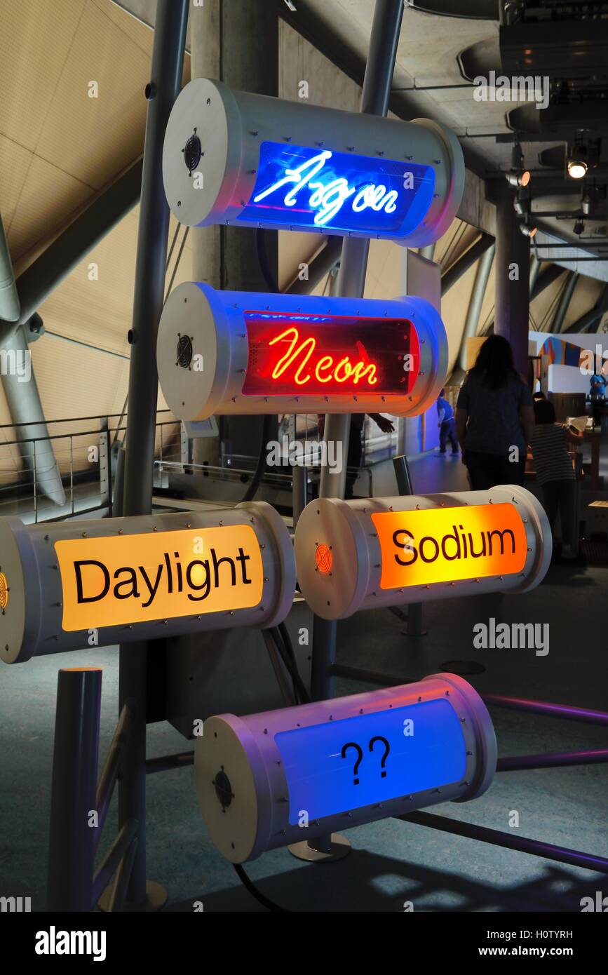 Glasgow science centre display showing the colour temperatures of different types of light sources. Stock Photo