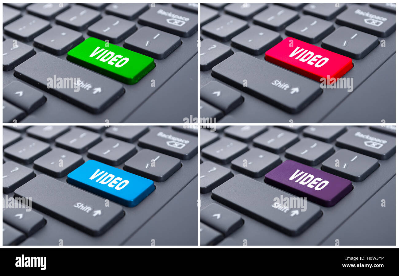 Online movie concept with video text on laptop keypad in closeup Stock Photo