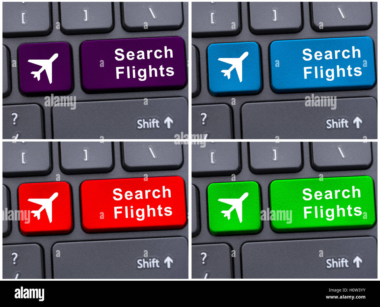 Online booking concept with search flights button on black computer keyboard Stock Photo