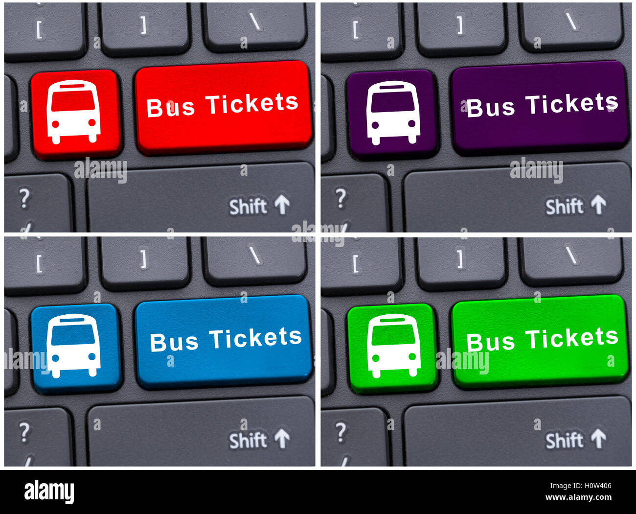 Bus ticket button with bus icon on modern laptop keyboard in closeup Stock Photo