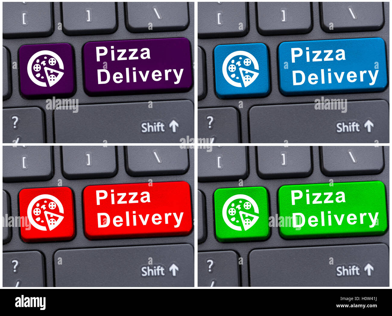 Online order concept with pizza delivery button on black keyboard Stock Photo