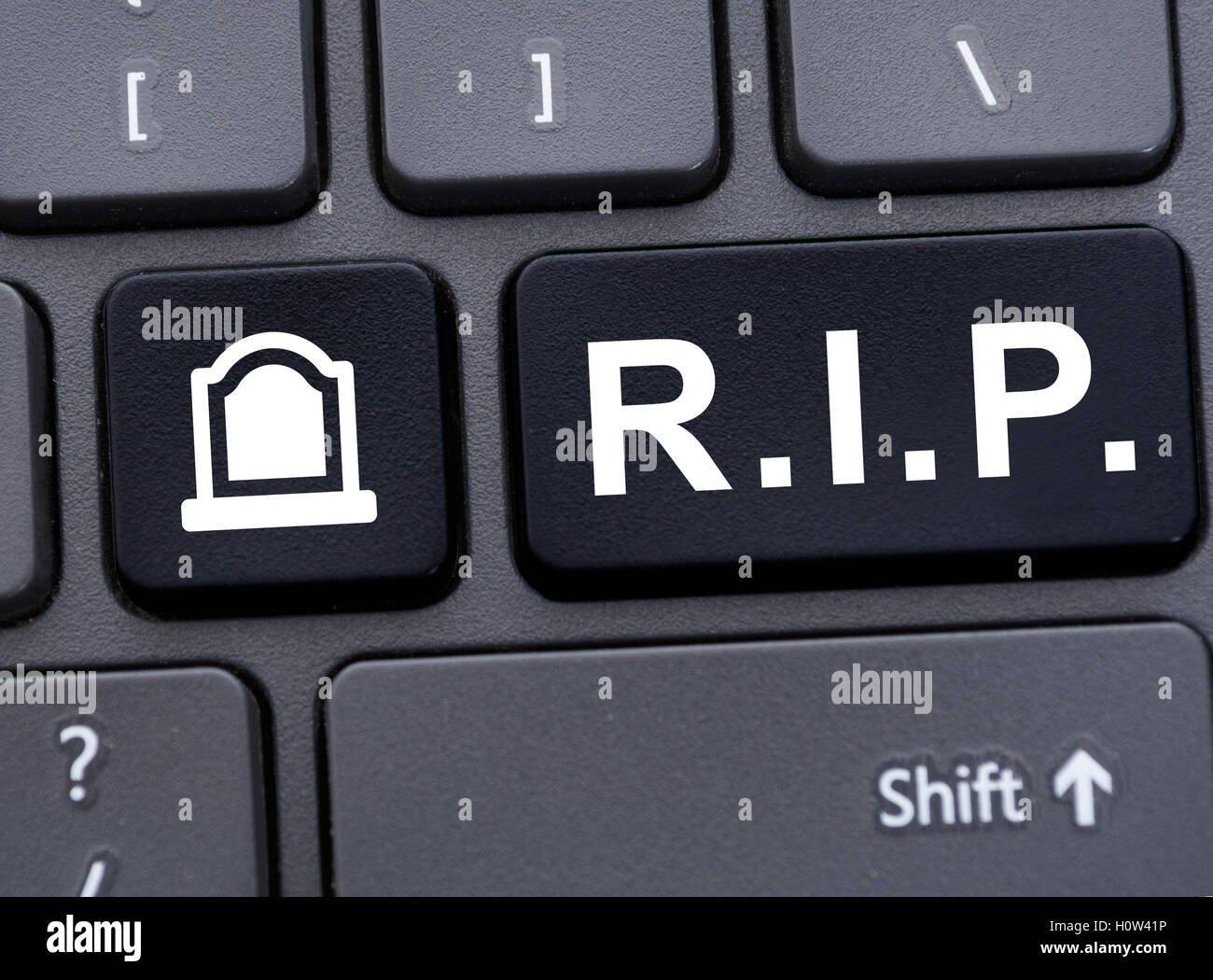 Online memorial concept with R.I.P. abbreviation button on computer keyboard Stock Photo