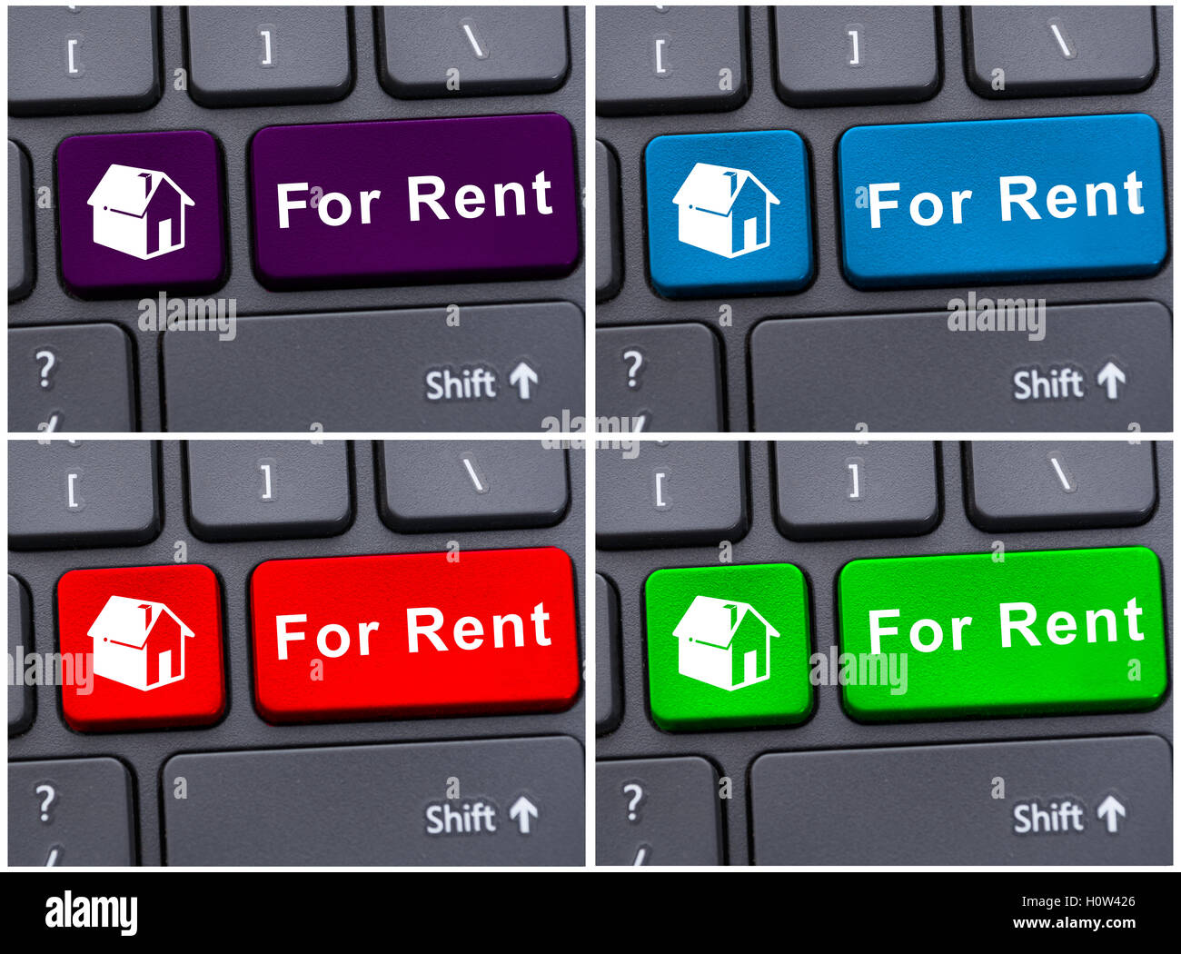 Online house or property for rent concept on laptop buttons Stock Photo
