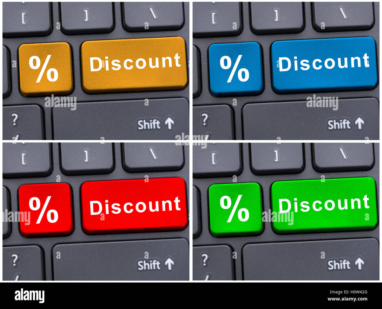 Online e-commerce with discount button on keyboard and percent sign Stock Photo