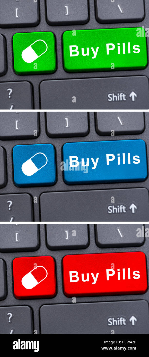 Online medical treatment concept with buy pills key on laptop keyboard Stock Photo