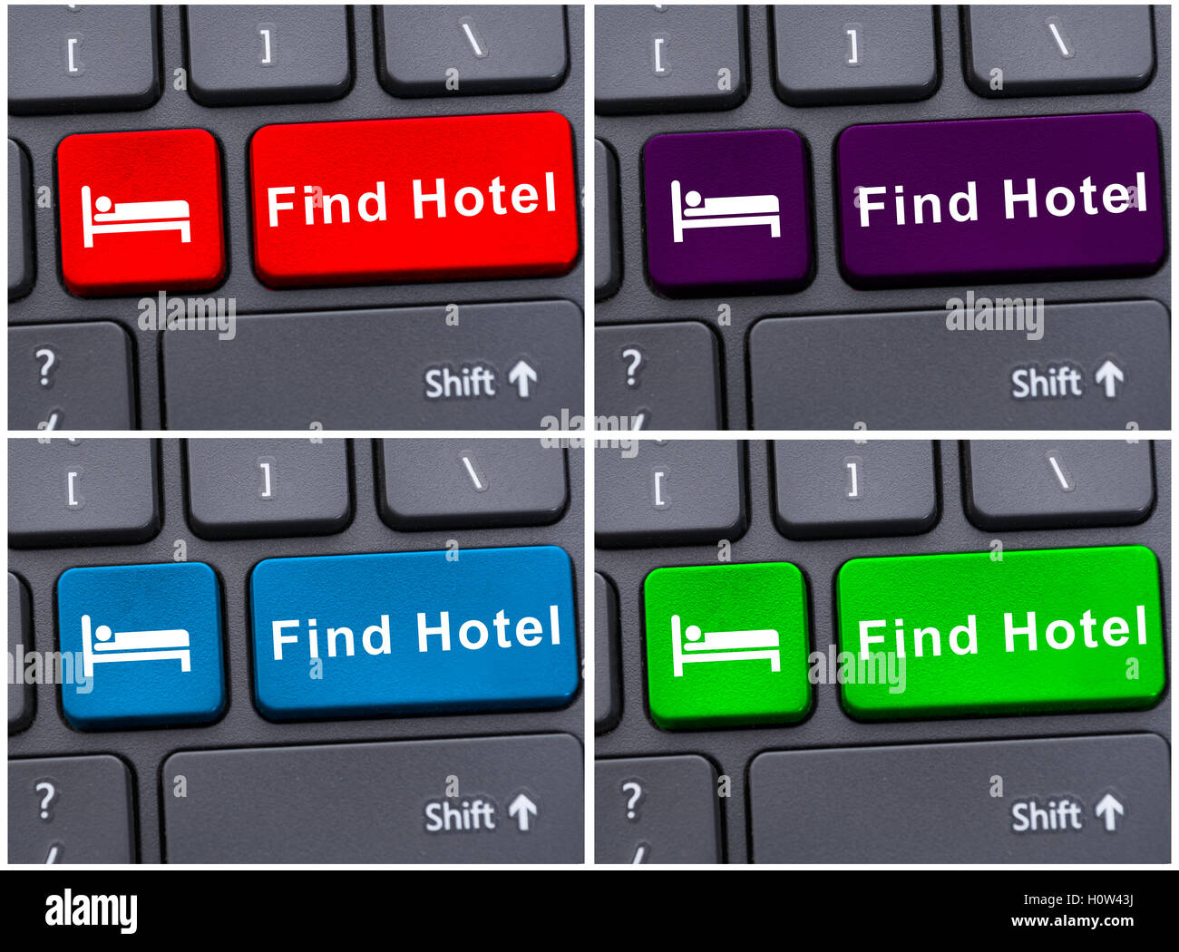 Online booking or reservation concept with find hotel text on colored buttons Stock Photo