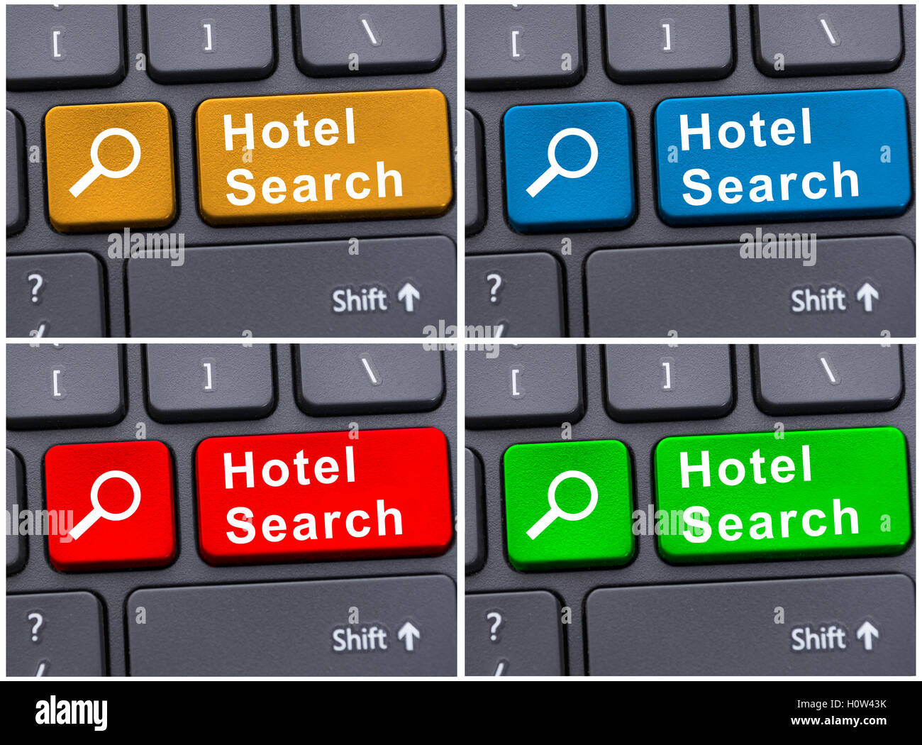 Online reservation or last minute booking with hotel search button Stock Photo