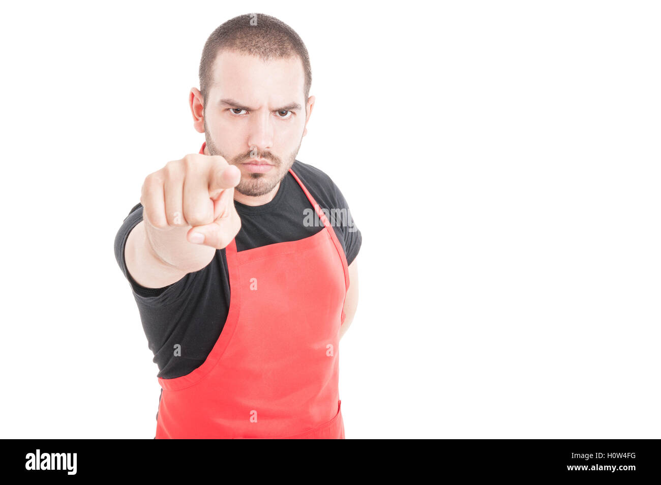 Angry butcher pointing finger at you as blaming concept isolated on ...