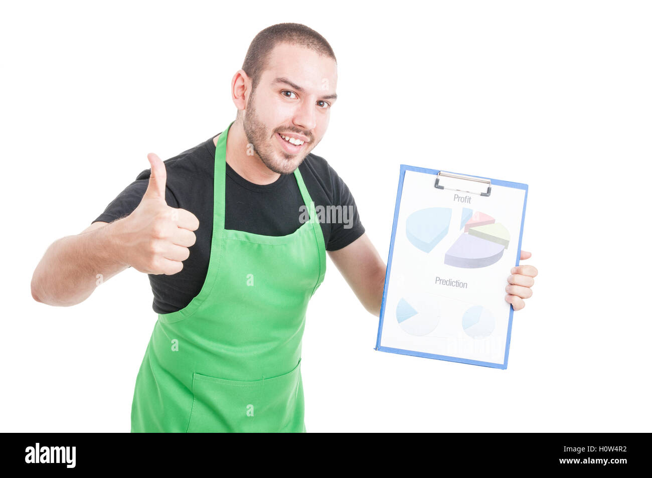 Young employee showing like holding profit and predictions clipboard isolated on white background with advertising area Stock Photo