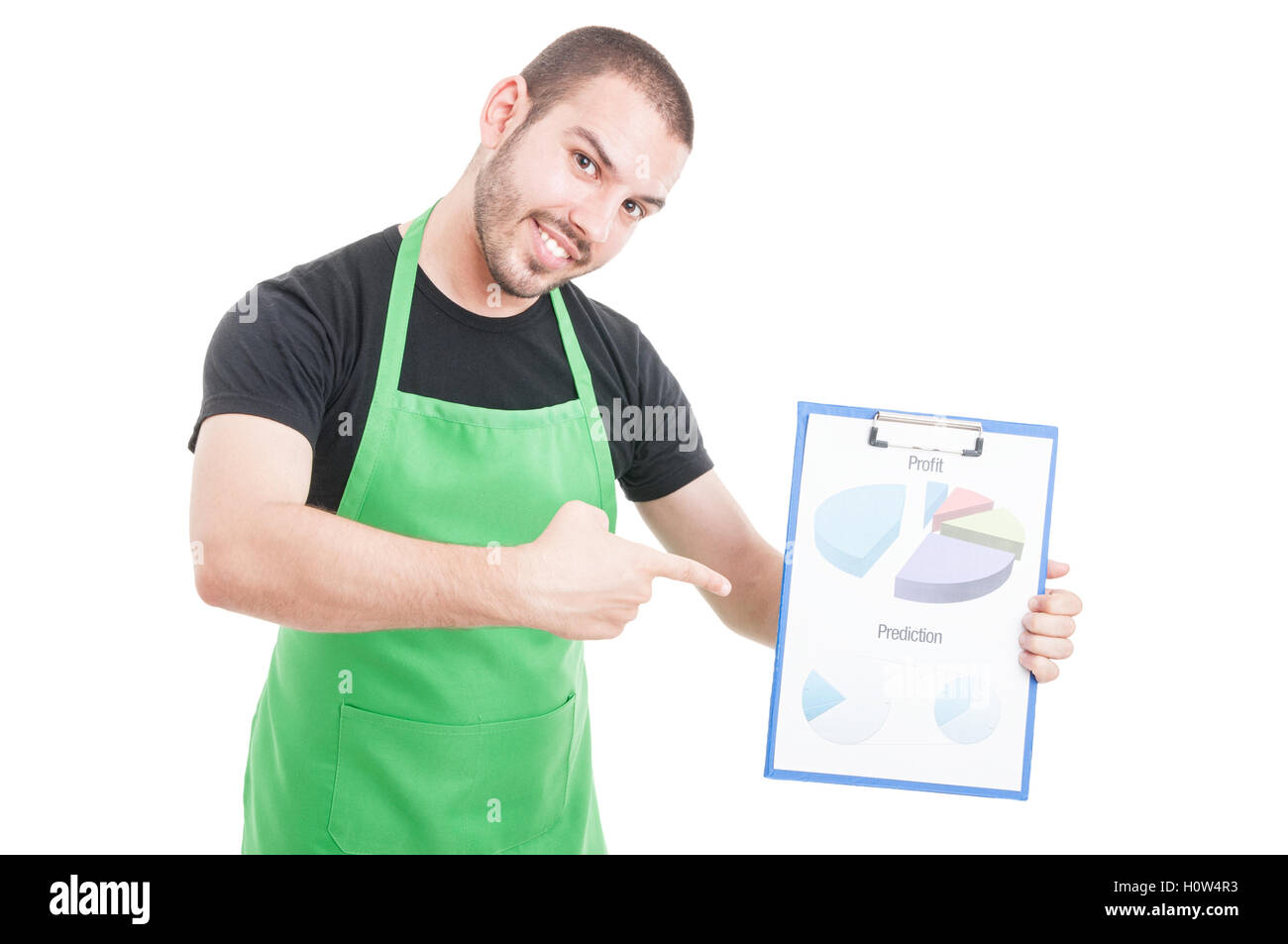 Hypermarket clerk pointing on profit and predictions clipboard isolated on white background with copy text space Stock Photo