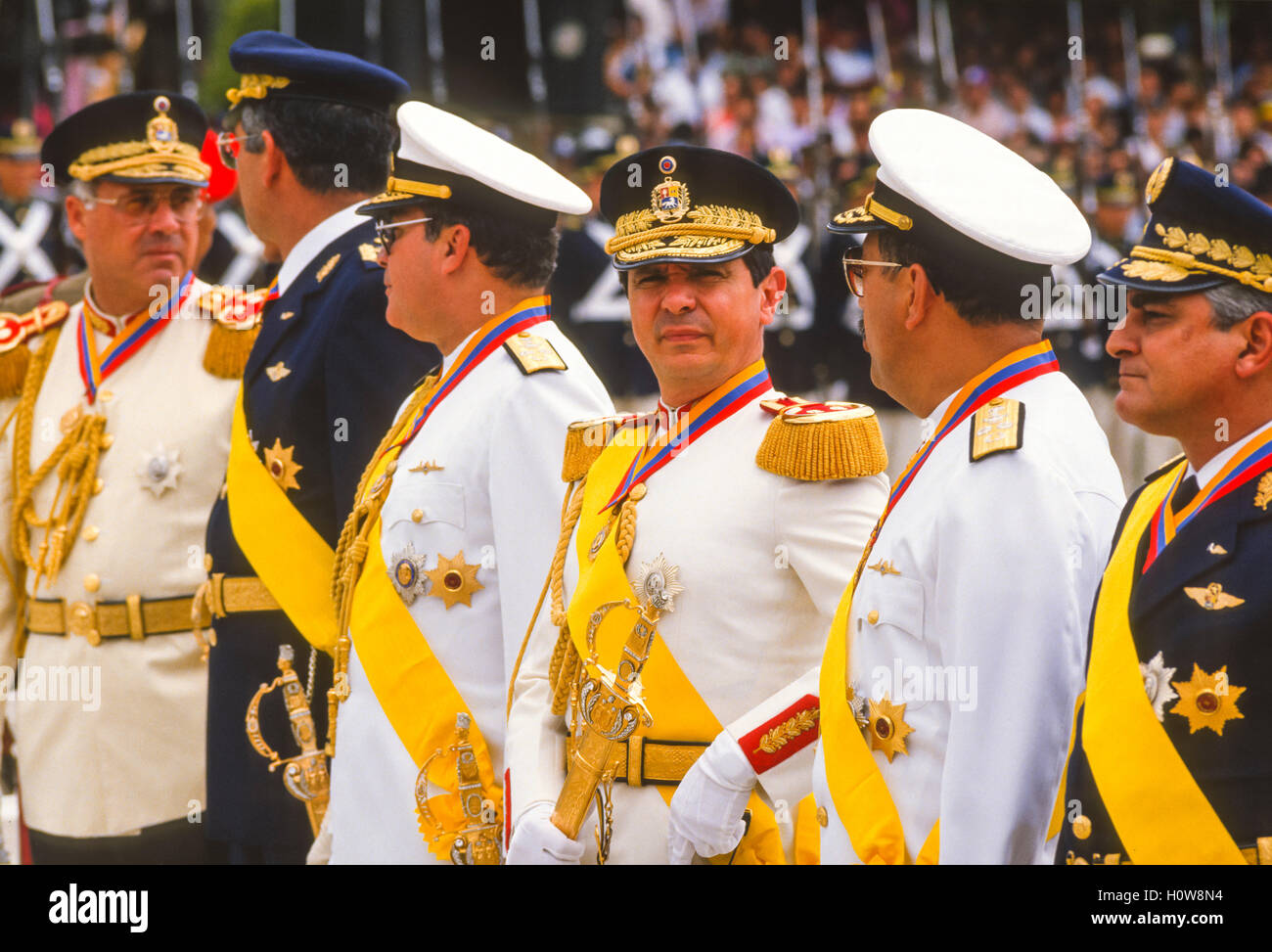 CARACAS, VENEZUELA - Officers attend July 5th Independence Day military parade at Los Proceres parade grounds on July 5, 1988. Stock Photo