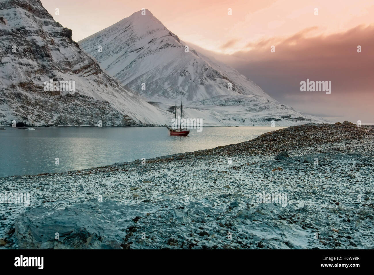 Sailing ship, enjoy the calm on Svalbard, Spitsbergen. Stock Photo